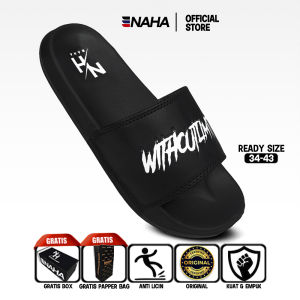 NAHA - Sandal Slop Karet Pria Wanita Distro Withoutlimit Fullblack Size 34-43