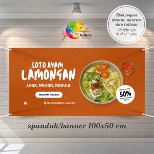 Cetak Spanduk Banner Diskon Makanan Tradisional Berwarna Coklat dan Putih