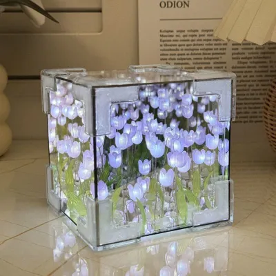 DIY Tulip Mirror Cube Lamp Simulation Flower LED Night Light Bedroom Ornaments Creative Table Lamps Birthday Gifts