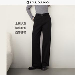 Giordano Beau Monde Women 100% cotton belted mid rise straight pants Free Shipping 13416708