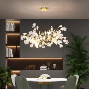 Luxury explosion-proof restaurant chandelier villa creative high-end internet celebrity bar counter lamp hotel restaurant lamp ceramic ginkgo leaf lamp