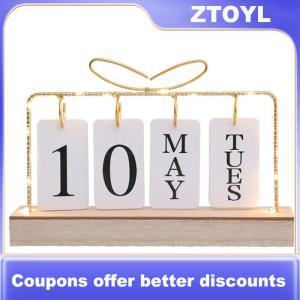 【ZTOYL】 Flip Calendar With Light For Desk Wooden Perpetual Desk Calendar With Month Date Display Desktop Calendar For Home Office Decor Send Goods From Local Warehouse
