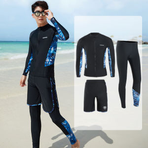 Mohan Korean 5-Piece Swimsuit Female Couple Blue Zipper Diving Suit Sunscreen Rash guards Snorkeling Suit Jellyfish Slim Conservative Muslim swimsuit Seaside Hot Spring Long Sleeve Swimwear Men