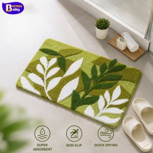 Green Leaf Plush Floor Mat Non Slip Absorbent Quick Dry Soft Rug For Bathroom Kitchen Doormat
