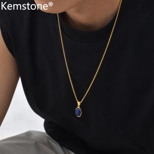 Kemstone Stainless Steel Oval Natural Stone Pendant Necklace for Men and Women Jewelry Gift