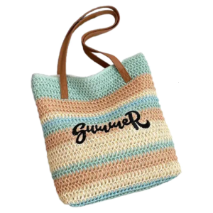 Large Capacity Beach Bag with Eye Catching Rainbow Woven Design Vacation Shoulder Bag THandbag for Outdoor Activities