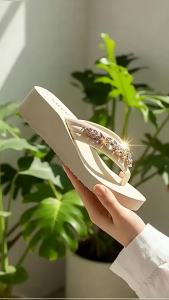 [Free Shipping] Rhinestone Thick-Soled Beach Sandals For Women Summer Platform Soft-Soled High-Heeled Flip-Flops Fashionable Vacation Height-Increasing Wedge Sandals