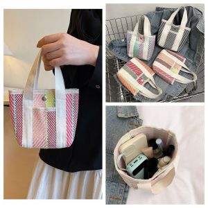 JACOOEQU Small Cloth Bag Weave Handbag Large Capacity Stripe Straw Bag Practical Fashion Tote Bag for Home