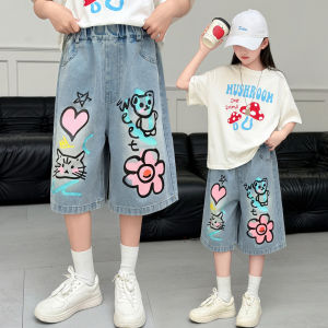 Kids Girls 2026 Summer Girls Denim Shorts for Older Children Loose Casual Printed Mid-length Pants