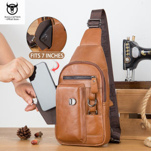 BULLCAPTAIN Leather Chest Bag Mens Casual Retro Multifunctional 7-Inch Mobile Phone Keychain Phone Holder Single Shoulder Messenger Bag