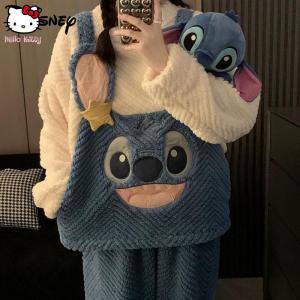 Cartoon Stitch Cute Plush Pajamas Suit 2 Piece Set Women Soft Nightdress Y2K Couple Design Pullover Tops Trousers Coral Velvet