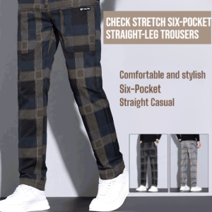 Check Stretch Six-Pocket Straight-Leg Trousers All Match Straight Casual Pants Comfortable And Stylish