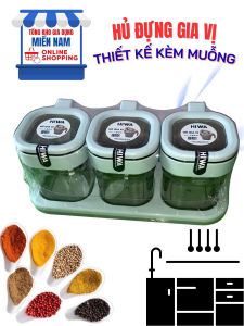 Bộ 3 Hũ Gia Vị Hiwa Kèm Khay & Muỗng | Hộp Đựng Gia Vị Chống Ẩm Chống Kiến | Nhựa PP An Toàn