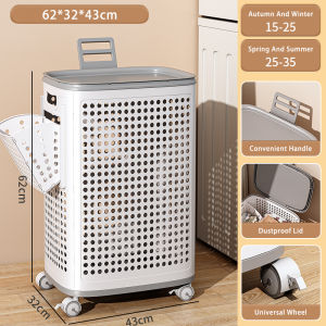 Vision Movable Laundry Hamper With Side Basket Large-Capacity Laundry Basket with Handle Bathroom Cut Out Ventilated Dirty Clothes Storage Rack Multifunctional Dirty Sundries Storage Trolley