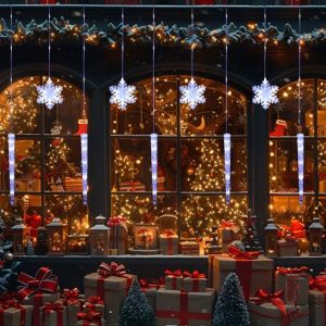 SIRENXI Icicle and Snowflake Shapes Christmas LED Curtain Lights Romantic Waterproof Xmas String Lights Energy Saving 8 Modes Night Lights Outdoor
