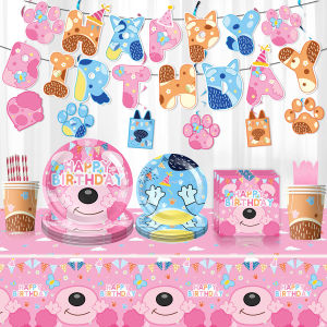 Blue Pink Bluey Theme Birthday Party Decoration Party Supplies Paper Plates Tissue Paper Cups Tablecloths Candy Boxes Pull Flags