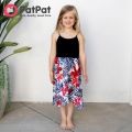 PatPat Family Matching Black Cotton Tee Beach Short-sleeve Shirt and Flora Print Splicing Halter Strap Midi Dress Sets. 