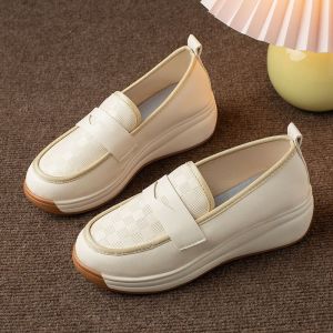 Top Layer Cowhide Womens Closed-Toe Wedges Shoes Shiny Surface 4cm Soft Bottom Fashion Outer Wear Rocking Bottom Shallow Mouth Casual Sneakers 2023 New Comfortable Lightweight Wear-resistant