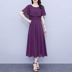 Impression Fashion Women Elegant Korean Chiffon Plain O-neck Short Sleeve Tunic High Waist A-line Plus Size Maxi Dress