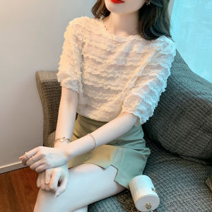 AFEG Sweet Puff Sleeve Lace Short Sleeve Chiffon Top