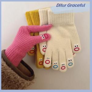 Ditur 1 Pair Womens Funny Facial Expression Knitted Gloves Full Finger Gloves Soft Crochet Mittens Cartoon Expression Driving Glove
