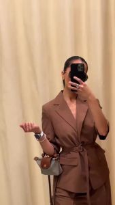 Bộ áo khoác blazer linen thường ngày cho nữ 2 món có thắt lưng áo khoác ngắn tay quần short ống rộng