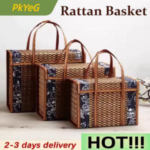 PkYeG Folding Bamboo Woven Fruit Basket Handheld Handle Fruit Shopping Food Basket Picnic Food Storage Basket For Outdoor