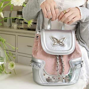 Tas Ransel Rantai Y2K Perak Lucu Tas Sekolah Wanita Import Backpack Korea Busur Gaya Balet