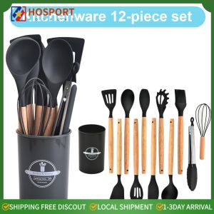 Family-Friendly 12-Piece Kitchen Utensil Set with Heat-Resistant Wooden Handles for Cooking and Serving