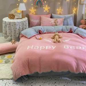 Bộ ga gối vỏ chăn nỉ nhung Happy bear 4 món