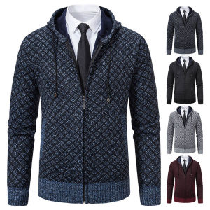 Mens Cardigan Autumn Winter Sweater Plush Knitting Coat Padded Clothes Vintage Jacket Plaid Hoodies Korean Elegant Man Jumpers