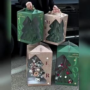 ถุงของขวัญกระดาษแบบถือมือรูปต้นคริสต์มาส ถุงของขวัญโปร่งใสสำหรับวันคริสต์มาส