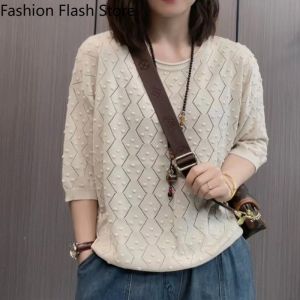 Womens Knitted Sweater New Fashionable Hollow Bottom Shirt Loose and Versatile Round Neck Sweater Style Trendy and Versatile Top