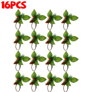 16x Christmas Napkin Clasp Pinecone Pine Needle Berry Gift Box Xmas Napkin Holder Rings Dinner Parties Dining Table Decoration