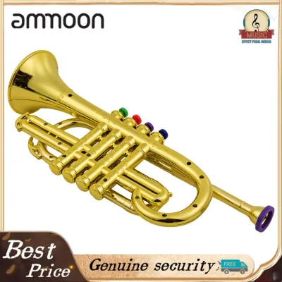 ammoon ทรัมเป็ตสำหรับเด็ก Musical Wind Instruments ABS ทรัมเป็ตสีทองเมทัลลิคพร้อมปุ่มสี 4 ปุ่ม