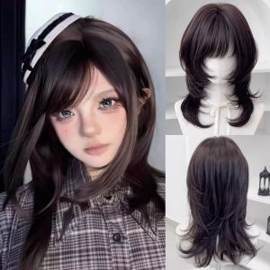 HUNIU Synthetic Jellyfish Wig with Bangs Natural Brown Black Cosplay Lolita Wigs Sweet Wolf Cut Medium Straight Layered Wig Suitable for Women
