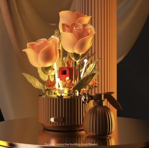 ตัวต่อดอกไม้แบบอินเทอร์แอคทีฟแบบไดนามิกใหม่ล่าสุด พร้อมไฟส่องสว่างรอบทิศทางยามค่ำคืน การประกอบตัวต่อปริศนา และของตกแต่งบนโต๊ะ