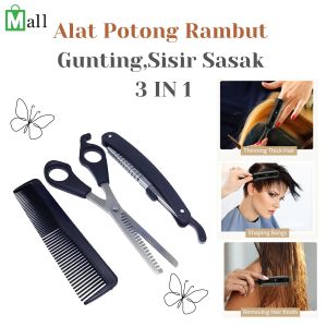 SS3- 3in1 Set Alat potong Rambut Gunting Sasak Sisir Pisau cukur lipat