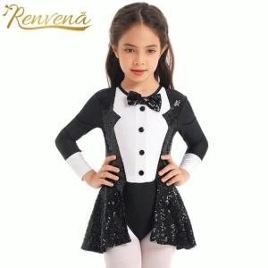 Kids Girls Cosplay Circus Ringmaster Dress Up Costume Sequins Jazz Dance Wear Children Bow Tie Tuxedo Ballet Dance Leotard Dress2026