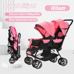 BEIGE Stroller Bayi Kembar Double Tandem Dapat Dilipat - Premium Berat Maksimal 50kg