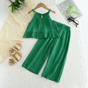 ชุดสีทึบ2ชิ้นเสื้อแขนกุดคอกลม + กางเกงขาม้าปีรูปหมี2ชิ้นแขนกุดมีจีบ