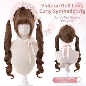 NBANLIKE Straight Bangs Long Curly Synthetic Wig Fluffy 75CM Lolita Double Ponytail Cute Smooth Halloween Harajuku Wig Female