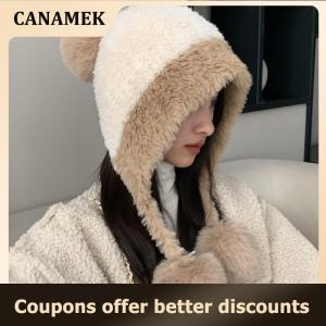 【 CANAMEK 】 Fluffy Plush Women Beanie Cap Winter Warm Big Pompom Knitted Ear Protection Hat Windproof Snow Ski Female Earmuffs Caps