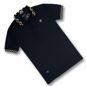 Kaos Kerah Premium Helvig Trap Printing Garis Zigzag Mustard Navy- Polo Shirt | Kaos Pria - COD