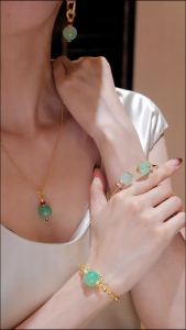 BELLUX New Chinese Style 925 Silver Bracelet Synthetic Zircon Round Green Dulong Jade Double Bead Gold Arm Opening Bangle