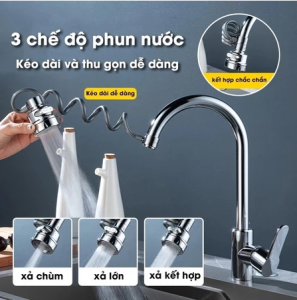 Đầu nối vòi nước đầu vòi tăng áp 3 chế độ kèm dây silicon kéo dài tới 45cm đầu gắn vòi rửa chén vòi lavabo rửa mặt
