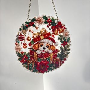 SIRENXI Acrylic Christmas Ornament 2D Flat Wreath Shape Window Hanging Sign Dog Pattern Vintage Door Hanging Decor Party