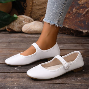 Free Shipping Spring And Autumn New Style Plus Size Round Toe Row Style Single Strap Soft Surface Soft Sole Shallow Flats For Women