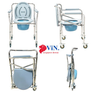 ViN-K03 Foldable Toilet Commode Bathroom Chair & 4 Wheels Adjustable Heights Compact Potty Chair