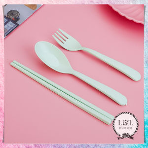 1 Set alat makan 3 in 1 sendok garpu dan sumpit Wheat Straw Portable Travel Cutlery tanpa box